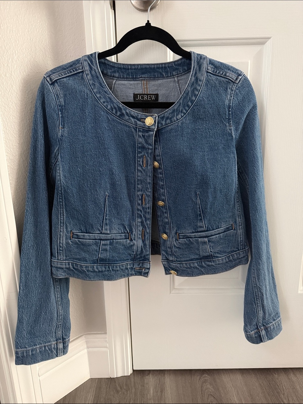 J. Crew Medium Blue Denim Round-Neck Cropped Jacket